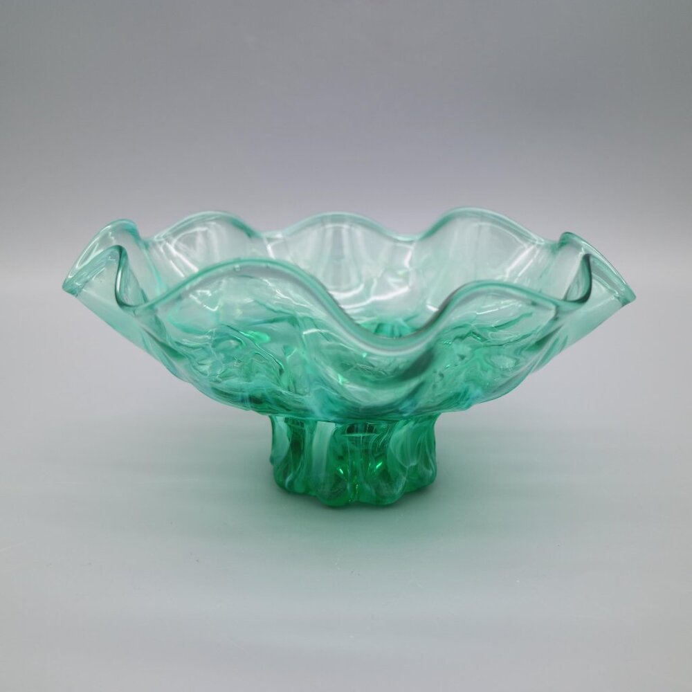 Vintage Green Marbled Swirl Glass Pedestal Bowl with Ruffled Edge, Footed Candy